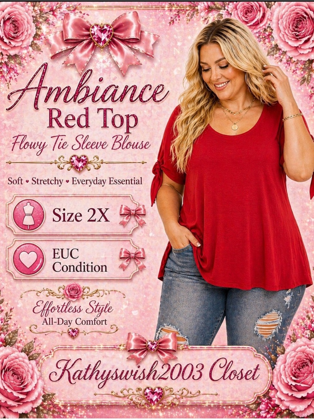 Ambiance Women’s Plus Size 2X Red Top with Knot Ties on Sleeves